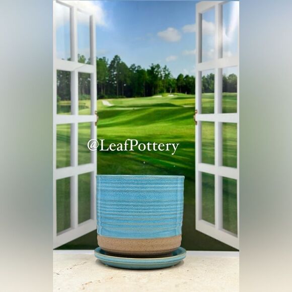 Bluish Blue/Beige Ceramic Planter Pot with Saucer Attached - Picture 7 of 11